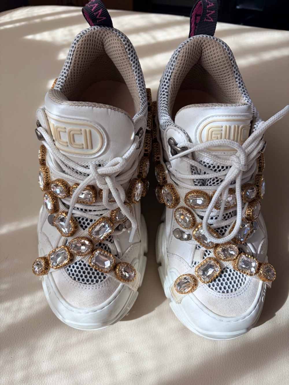 GUCCI White Women's Crystal-Embellished Fashion Sneakers SIZE 38